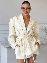 Aurohaya Women's Oversized Floral Blazer Belted Lapel Collar Long Sleeve Casual Jacket